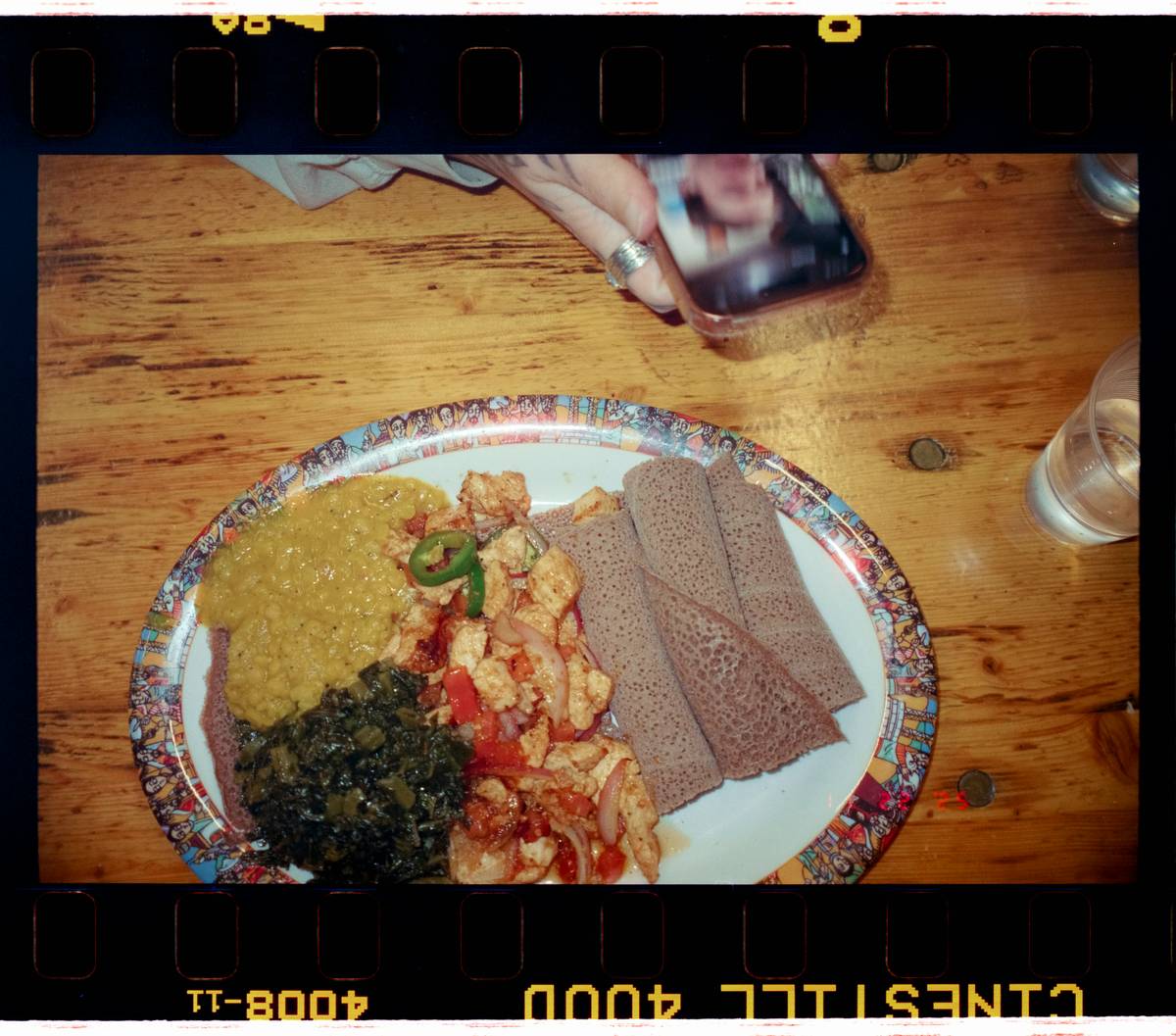 Ethiopian food platter with injera and stews